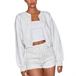 Wholesale Streetwear 300 GSM 100% Cotton Fleece Women's Oversized Full Zip Cropped Hoodie & <b>Sexy</b> Hot Shorts Lounge 2 Pieces <b>Set</b> - Product Image 4