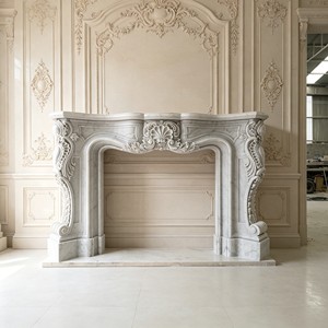 Cornice per Caminetto in Marmo Grigio Intagliata <span class=keywords><strong>a</strong></span> Mano con Statue di Cherubini, Rivestimento per Caminetto in Pietra Naturale per Decorazioni di Lusso per Palazzi - Product Image 2