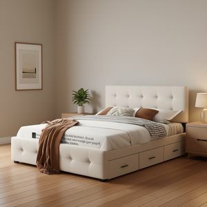 Letto matrimoniale imbottito con piattaforma, testiera classica, 4 cassetti, tessuto in lino beige/bianco/grigio scuro, modello D0100HPIA9U; senza contenitore - Product Image 2