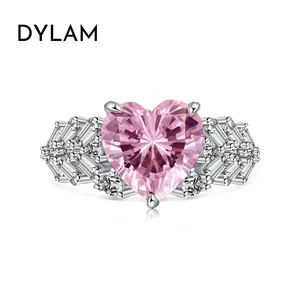 Dylam desain mewah wanita 925 perak murni Rhodium berlapis merah muda 4 karat bentuk hati 5A zirkonia Baguette cincin pita pernikahan