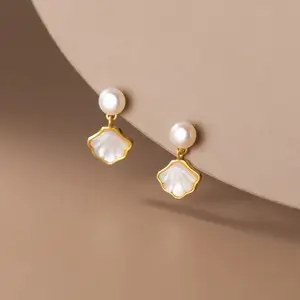 Korean Fashion Jewelry 925 Silver Girls Earring Real Pearl Sea Shell Earrings Gold Silver for Girls