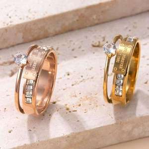 แหวนคู่แบบซ้อนกันได้สองชั้น แหวนแต่งงานสแตนเลสสตีลชุบทองคำขาว 18K ประดับด้วยคิวบิกเซอร์โคเนียสำหรับผู้หญิง - Product Image 2