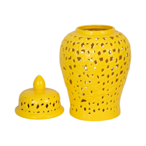 Vaso in ceramica con design traforato, urna decorativa gialla per l'esposizione in soggiorno - Product Image 4