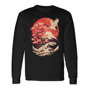 Camiseta de manga larga con diseño de ondas del Monte Fuji y flor de cerezo japonesa - Product Image 2