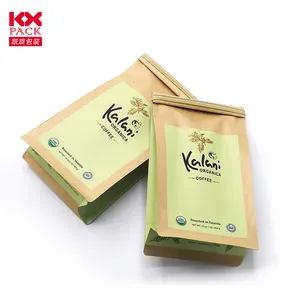 Pochette à café en papier kraft personnalisée de 500g sacs d'emballage en grains de café à huit joints latéraux avec valve et cravate en étain sac à café à fond plat