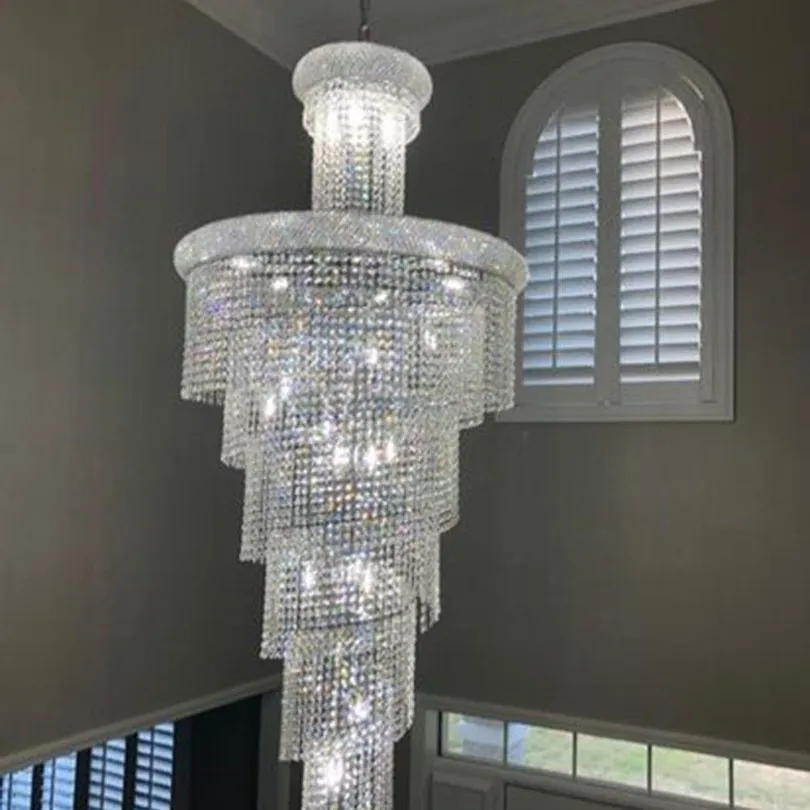 Hotel Villa large crystal spiral pendant hanging lamp Long staircase 120V 220V chandelier with chain
