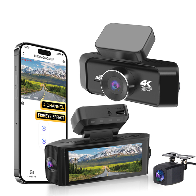 4K Dual Lens Dash Cam with 5G WiFi GPS, Front 4K + Rear 2.5K Dash Camera, Fisheye Panoramic View, Night Vision, 24H Parking Mode