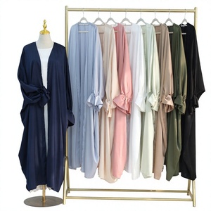 Plus Size Satin Abaya <b>Cardigan</b> Muslim Robe Solid Color Loose Fit Pleated Cuff Islamic Outerwear - Product Image 3