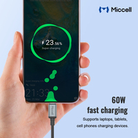 Kabel Pengisian Cepat USB C Tipe-C 60W Miccell Factory, Kabel Data Berkualitas Tinggi Berbahan Nilon Kepang untuk Ponsel, Tablet, Laptop, Grosir