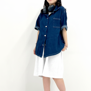 Camicia estiva donna a maniche corte in Denim blu Tiempo stile contemporaneo con Look classico Jeans - Product Image 1