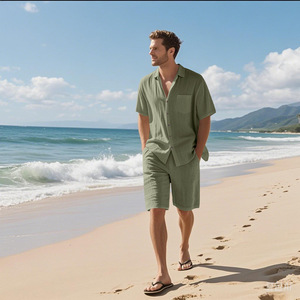Men's Breathable Casual Solid 2 Piece <strong>Linen</strong> Sets Summer Beach Outfits Short Sleeve Button Shirt Drawstring Loose Shorts <strong>Suit</strong> Set - Product Image 1