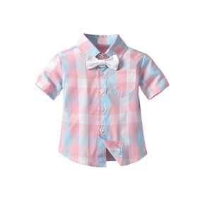 Summer Kids Boy Overalls Clothes Sets Short Sleeve Baby Plaid Shirt 3 Pieces With <b>Tie</b> Gentlemen Clothing Suit Custom Logo - Product Image 3