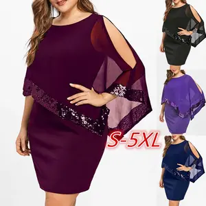 Yaz kadın elbise artı büyük boy soğuk omuz yerleşimi asimetrik şifon straplez Sequins Mini parti elbiseler kadın elbise