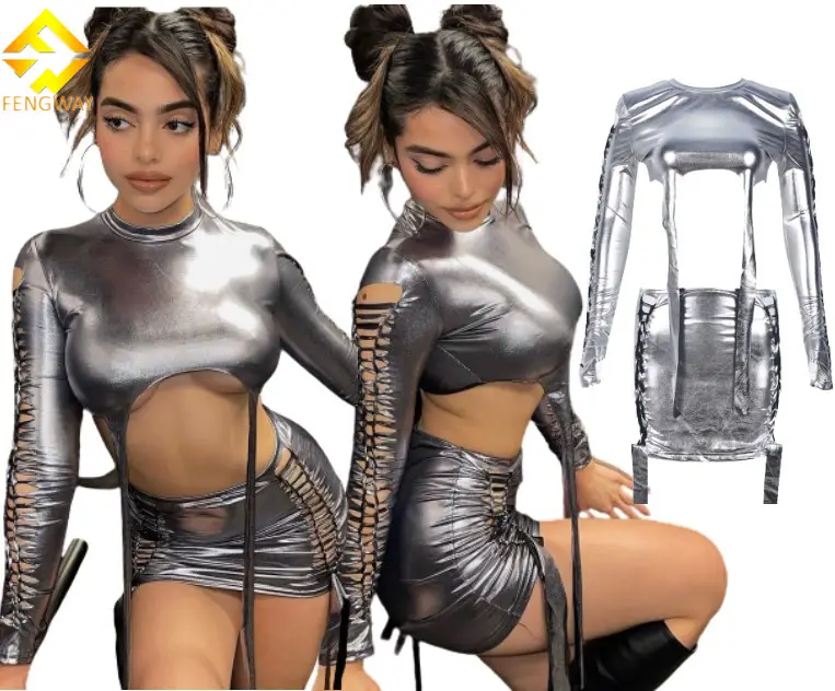 2023 Summer Sexy Club Hollow Out Stretch 2 Piece Set Women Clothing With Metallic Style Crop Tops And Mini Skirt Sets