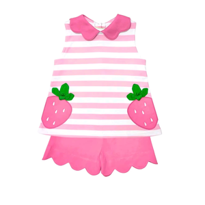 GSSO3631 Ensemble personnalisé pour petite fille active, rayures roses et blanches, fraises, manches courtes, tenues pour enfants, vente en gros, ensemble pour enfants - Product Image 1