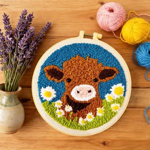 Kit de broderie au poinçon DIY pour débutants, motif vache des Highlands et fleur marguerite, avec cerceau et fil à broder, outil enfile-fil spécialisé - Product Image 3
