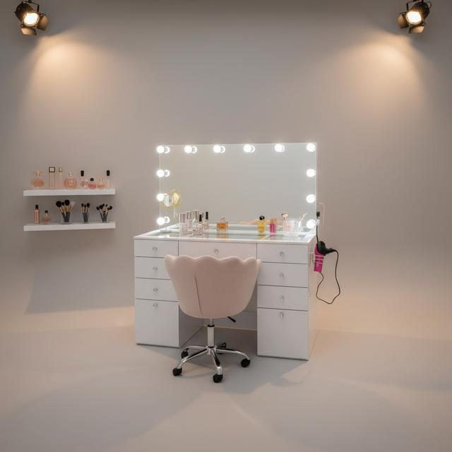 Vanity Set with Mirror Makeup Table with 7 Drawers & Stool Adjustable Brightness 3 Lighting Modes Bedroom