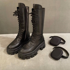 Stivali da Moto da <span class=keywords><strong>Donna</strong></span> di Alta Qualità in Vera Pelle con Tasca, Stivaletti da Cavaliere con Plateau, Lacci e Suola Spessa - Product Image 3