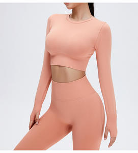 Femmes taille haute Yoga équipement de course motif solide à manches longues haut de sport Shorts de sport fermeture à la taille élastique respirant quatre voies - Product Image 4