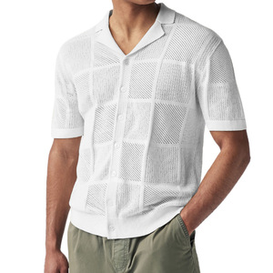 Men's Knitted <b>Cardigan</b> Hollow Polo Collar <b>Short</b> <b>Sleeve</b> Casual Top Acrylic Fiber Machine Washable Youth Wear White Black Blue - Product Image 5