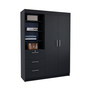 Armadio Kenya a 3 cassetti e doppia anta, nero, moderno, per camera da letto, con 3 ripiani e maniglie in metallo - Product Image 1
