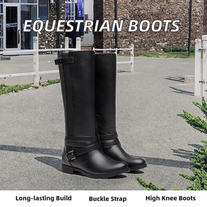 Botas ecuestres personalizables hasta la rodilla para mujer, zapatos de montar de cuero PU con correa de hebilla cruzada, suministro directo de fábrica - Product Image 2