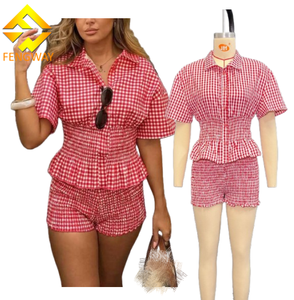 2025 estate nuovo vestito da donna rosso Plaid a maniche corte con collo corto e Shorts a vita alta 2 pezzi - Product Image 1