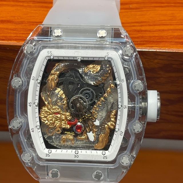 High End Unique Design Transparent Tonneau Mechanical Watch Gold Dragon Hollow Out Automatic Movement Luxury Waterproof Watch