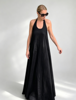 Robe longue trapèze décontractée pour femme en coton et lin, col U noir, coupe régulière, style rétro élégant, tenue décontractée européenne et américaine