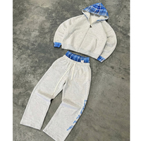 Ensemble de survêtement en coton personnalisé pour homme, sweat-shirt à capuche à fermeture éclair à carreaux et pantalon de survêtement à double taille