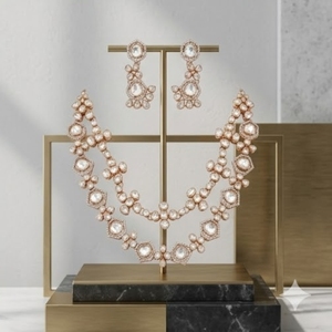Parure de collier et boucles d'oreilles Kundan superposés en or rose, bijoux de mariée de luxe avec sertissage géométrique pour femme, bijoux de mariage - Product Image 4