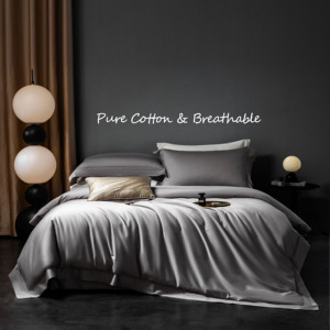 100% Bộ bốn mảnh cao cấp bằng cotton nguyên chất-bộ đồ giường đơn giản và thời trang màu xám bạc, thoải mái và có thể giặt được - Product Image 4