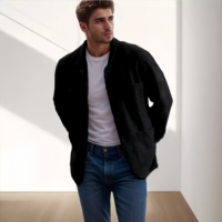 Veste en polaire sherpa noire à col ouvert pour homme, manteau décontracté chaud avec poches plaquées