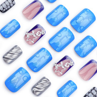 Lot de 24 faux ongles courts à presser en PMMA bleu, personnalisables, avec motifs papillon et écaille de tortue, vente en gros
