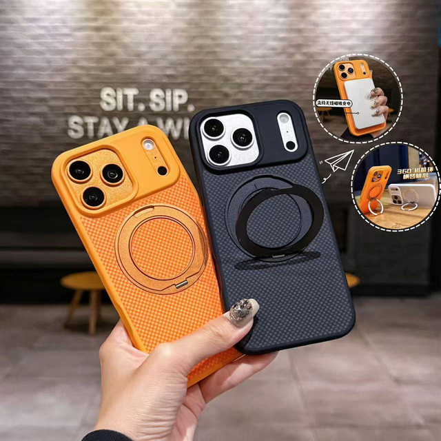 Shockproof Anti-fingerprint Slim Carbon Fiber+TPU Business Style IMD Craft Rotate Magnetic Kickstand Mobile Phone Cases 16 17 18