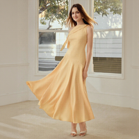 Robe midi décontractée jaune unie en satin à une épaule pour femme, coupe trapèze, taille empire, respirante et écologique, idéale pour les soirées