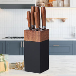 6-टुकड़ा स्टेनलेस स्टील रसोई चाकू लकड़ी के हैंडल काले ब्लेड भंडारण ब्लॉक के साथ सेट-टिकाऊ द्वितीदार डिजाइन - Product Image 2