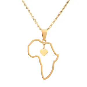 Hip Hop encanto tendencia Unisex chapado en oro plata hueco placa de acero inoxidable colgante de corazón de África mapa Collar para las mujeres