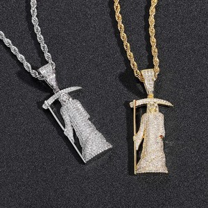 Collar con Colgante de Calavera de la <span class=keywords><strong>Muerte</strong></span> y Guadaña de la Parca Personalizado, de Aleación de Cobre, con Microengaste de Circonita AAA, Estilo Hip Hop - Product Image 3