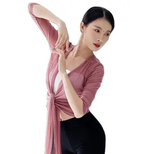ชุดฝึกเต้นแบบผูกเชือกเสื้อตัวบนผ้าตาข่ายเสื้อผ้าสำหรับการแสดงโคลงสั้นๆสไตล์ฟรี