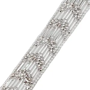 Factory Wholesale Crystal Stone Bridal Beaded Sequins Hotfix Iron On Shinning Rhinestone Trim For Dress