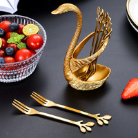 Ensemble de 6 fourchettes et cuillères à dessert en acier inoxydable en forme de feuille, support cygne doré de luxe, piques à cocktail et fruits, vaisselle, coffret cadeau