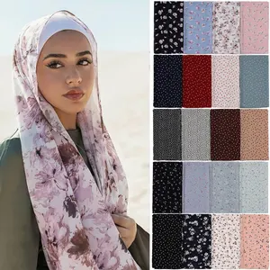 High Quality Tudung Headwrap Ladies Scarf New Floral Print Pearl Chiffon Gauze Arab Ladies Headscarf Muslim Women Hijabs
