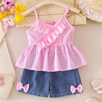Ensemble d'été mignon pour bébé fille, deux pièces, rose à carreaux, sans manches, avec volants, débardeur et short en jean