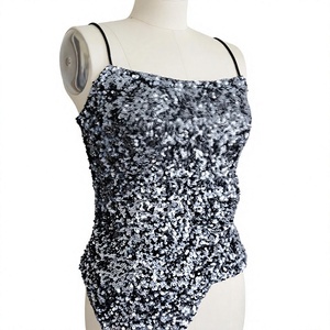 COTTON COUTURE <b>Women's</b> <b>Silver</b> Sequin Camisole <b>Top</b> Square Neck Sleeveless Sparkly Blouse 100% Polyester Satin Club Party Wear - Product Image 1