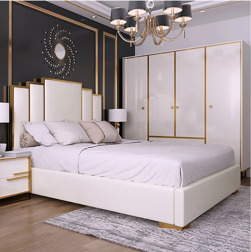 Modern white geometric headboard included faux leather queen upholstered bed