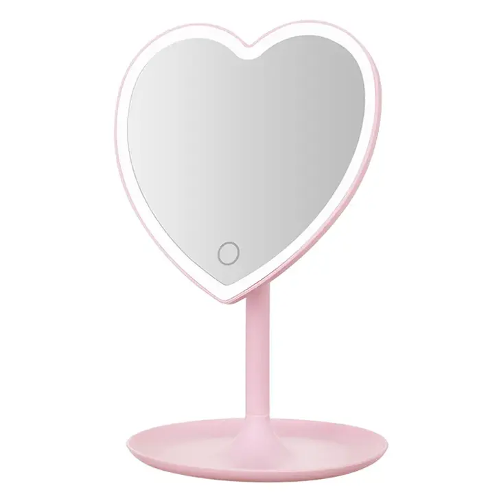 Großhandel benutzer definierte rosa hinter leuchtete beleuchtete Glass piegel Badezimmer Tischplatte stehen Herz spiegel mit LED-Licht für Make-up