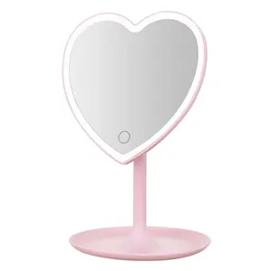 Wholesale Custom Pink Backlit Lighted Glass Mirror Bathroom Tabletop Stand Heart Mirrors With Led Light For Makeup