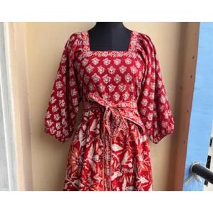 Robe bohème rouge tuniques indiennes imprimées en blocs robe à la main robe longue en coton robe imprimée indienne - Product Image 6