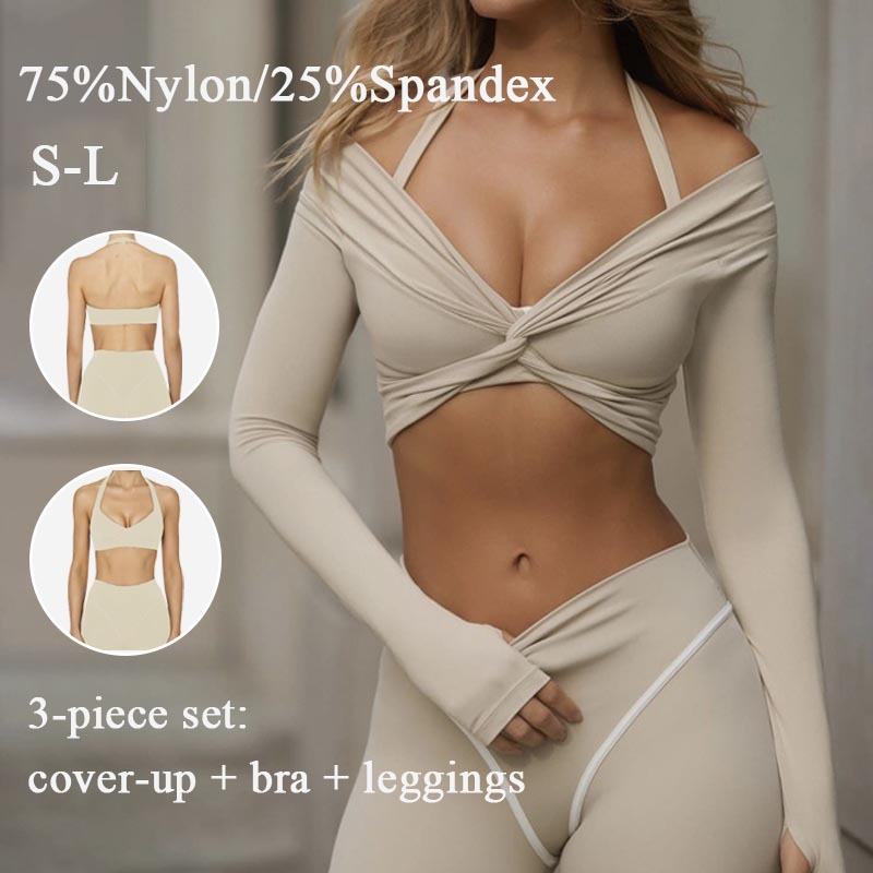 YIYI Women's Yoga Set 3Pcs High Stretch Quick-dry Sports Cover up Twisted Long Sleeve Coat Halter Bra Leggings Three-piece Set